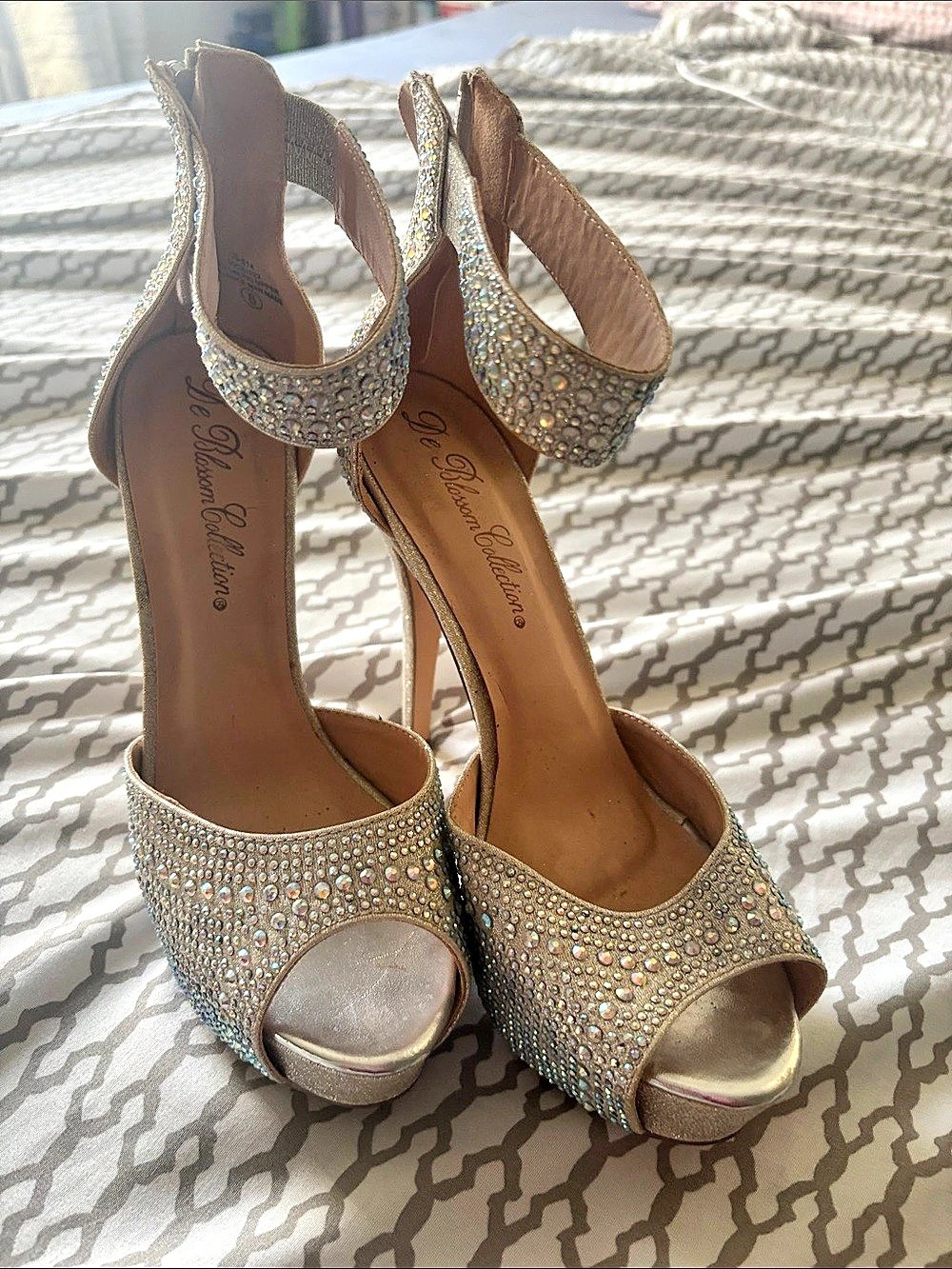 De Blossom Collection Rhinestone Ankle Strap Heels in Gold